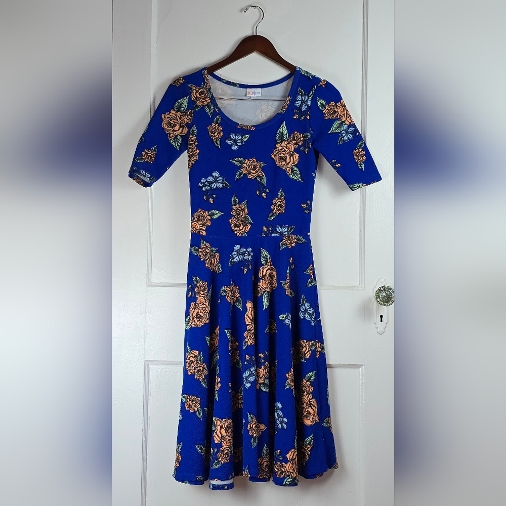 LuLaRoe Royal Blue and Orange Floral Fit and Flare Knit Dress Size S